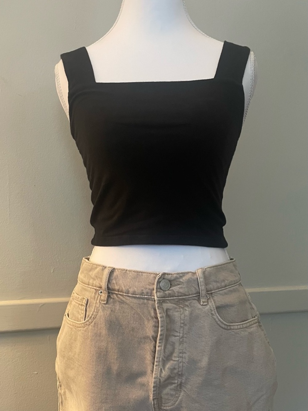 Classic Square Neck Black Crop Tank Top